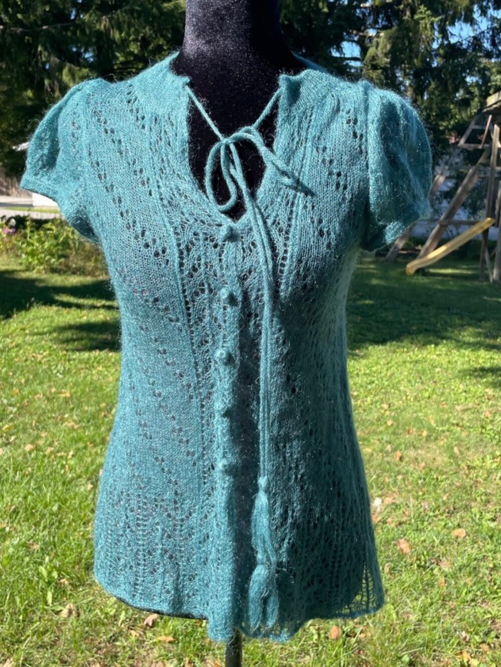 Y2K Zara Button Down Top Open Knit Puff Sleeve Babydoll Green Mohair M Coquette